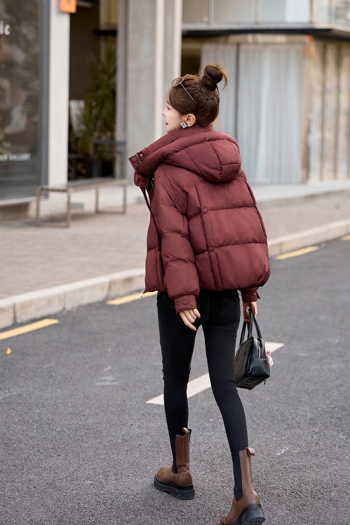 Womens Red Loose Cotton Down Jacket Short Collar Design