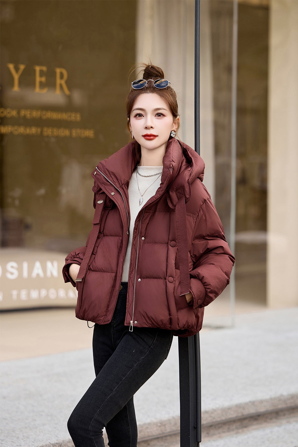 Womens Red Short Stand Collar Cotton Down Jacket